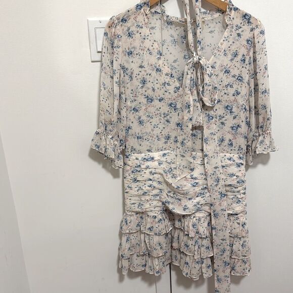 LoveShackFancy Woman’s Ivory Silk Hannah Dress Blue/Pink Floral Print. Size 8. - Picture 4 of 14